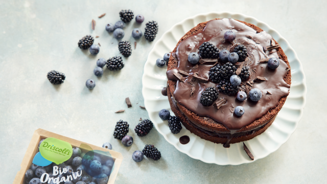 Vegansk chokoladekage med brombær og blåbær Driscoll's